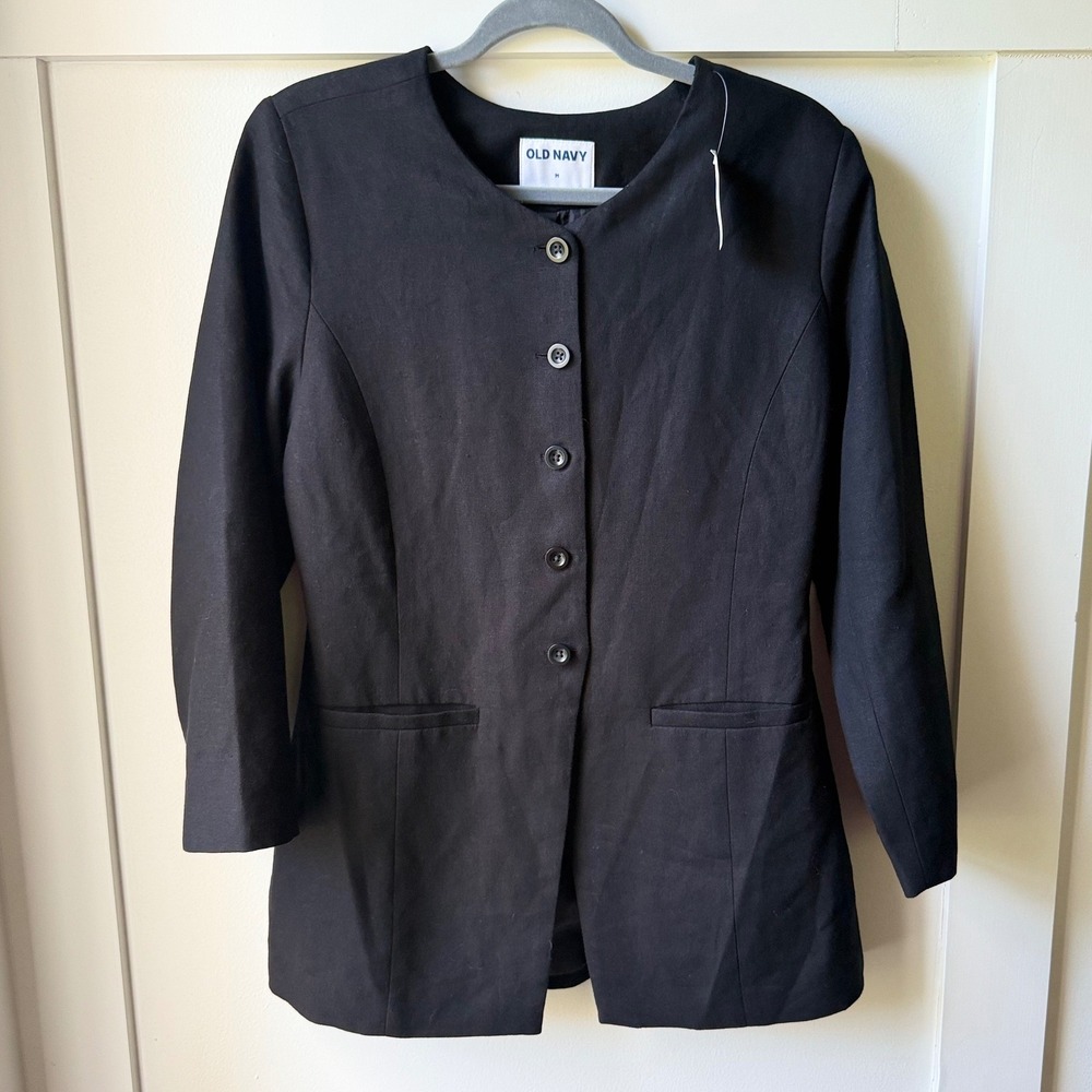Old Navy Blazer Jacket Black Linen Rayon Collarless Button Front Medium NEW NWT